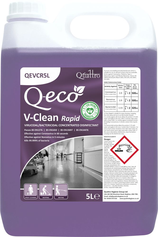 QUATTRO | Q-ECO V-CLEAN RAPID CONCENTRATED VIRUCIDAL DISINFECTANT X 5 LTR | QEVCR5L