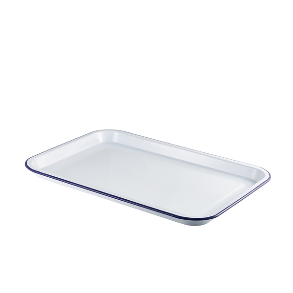 GENWARE | ENAMEL SERVING TRAY WHITE WITH BLUE RIM 33.5X23.5X2.2CM X 6 | 942933WH
